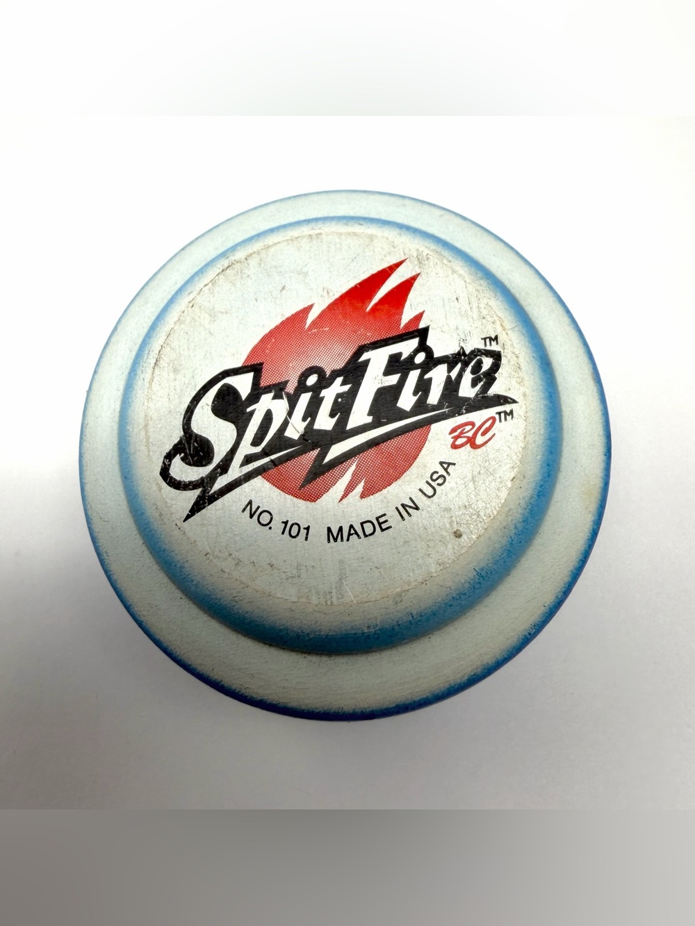 VTG 90’s BC SpitFire No. 101 Wooden Yo-Yo White Blue Made In USA Toy Fire Flame
